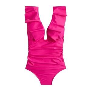 NWT J.Crew Bright Pink Ruffle V-Neck One Piece Swimsuit Size 8